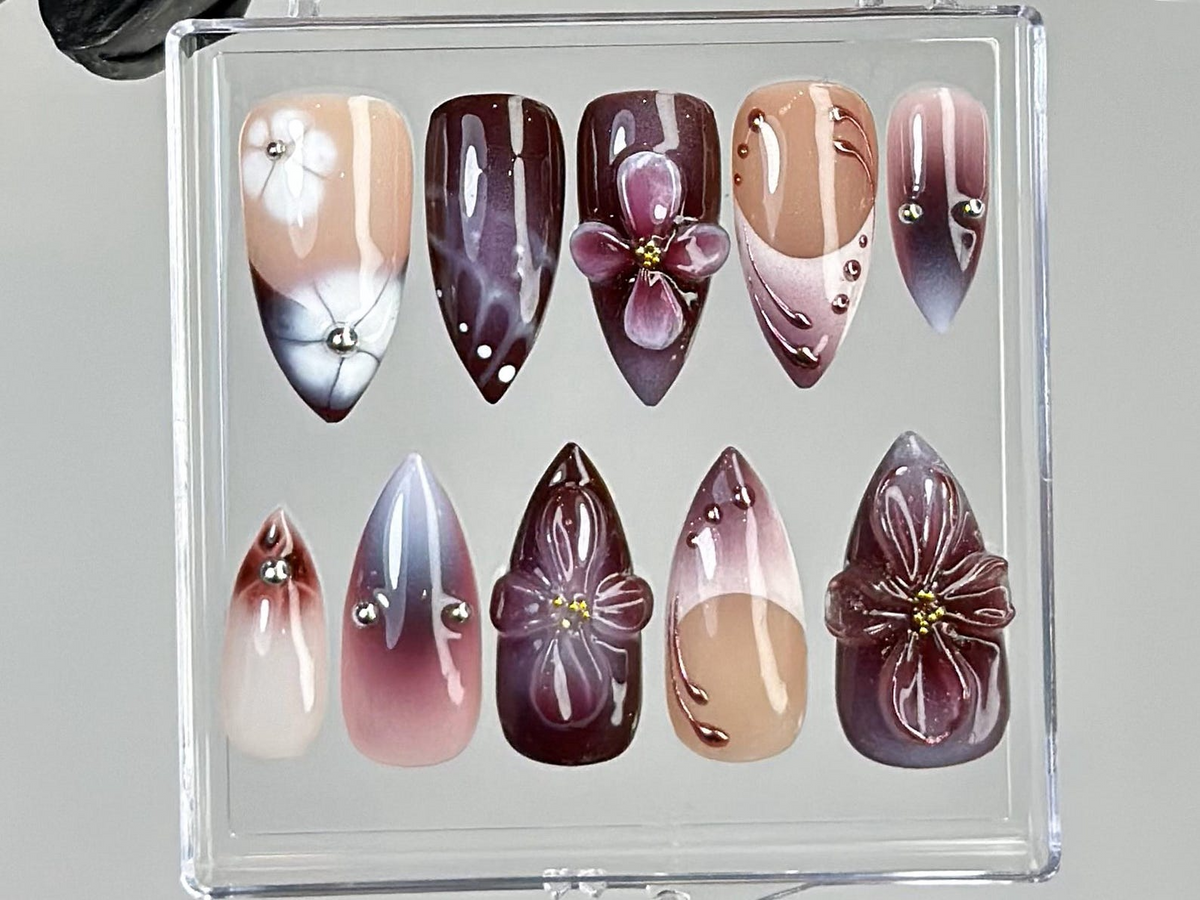 Luxury Purple Press On Nails Glossy Ombre Press Ons Deep Burgundy Fake Nails 3D Blossom Nail Art Long Almond Nails OB746YK