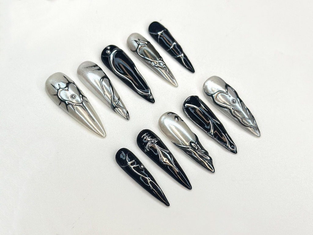 Black Silver Chrome Press On Nails Gothic Metallic Nail Art Winter Armor Nails Holiday Party Nails Handmade Gift Set
