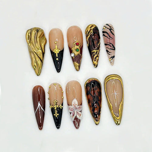 Glamorous Golden Press On Nails, Tortoise Shell And Gold Accents, Handcrafted Luxury