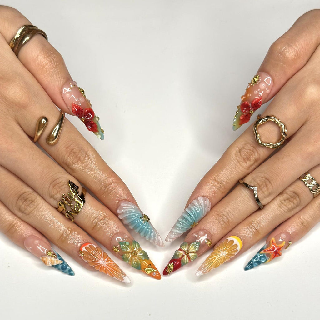 3D Fruit & Tropical Flower Nails, Yellow Lemon Orange Citrus Press On, Pastel Blue Shell