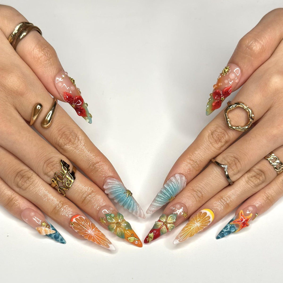 3D Fruit & Tropical Flower Nails, Yellow Lemon Orange Citrus Press On, Pastel Blue Shell