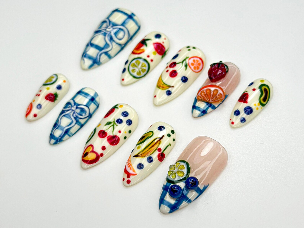 Fruit Picnic Press On Nails Hand-Painted Fruit Nail Art Summer Citrus Nail Design Plaid Bow Cute Press Ons Colorful Nails