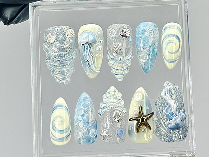 Ocean Theme Press On Nails 3D Jellyfish & Shell Press Ons Beach Vibes Fake Nails Summer Sea Nail Art Underwater Nails OB822YC