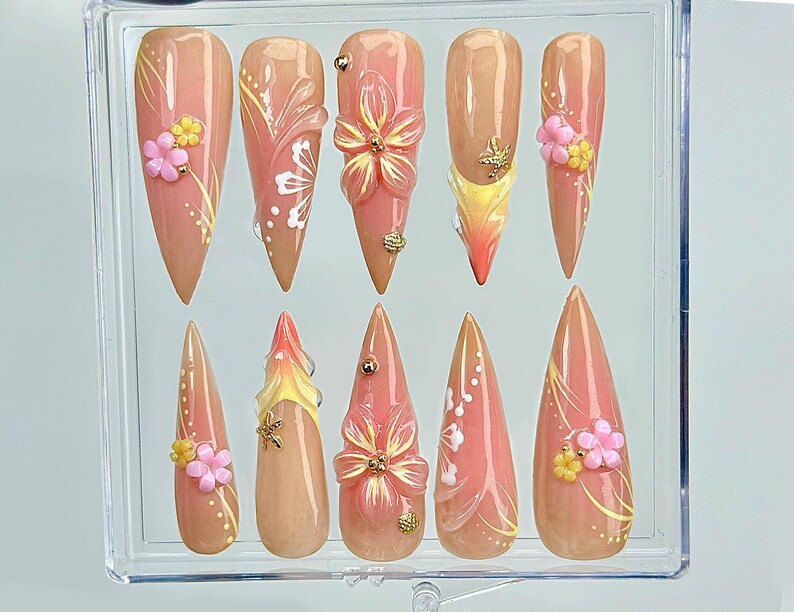 Sunset Blossom Whisper Press On Nails 3D Pastel Flower Nail Art Elegant Nude & Coral Tones Handcrafted Ombre Floral Nails