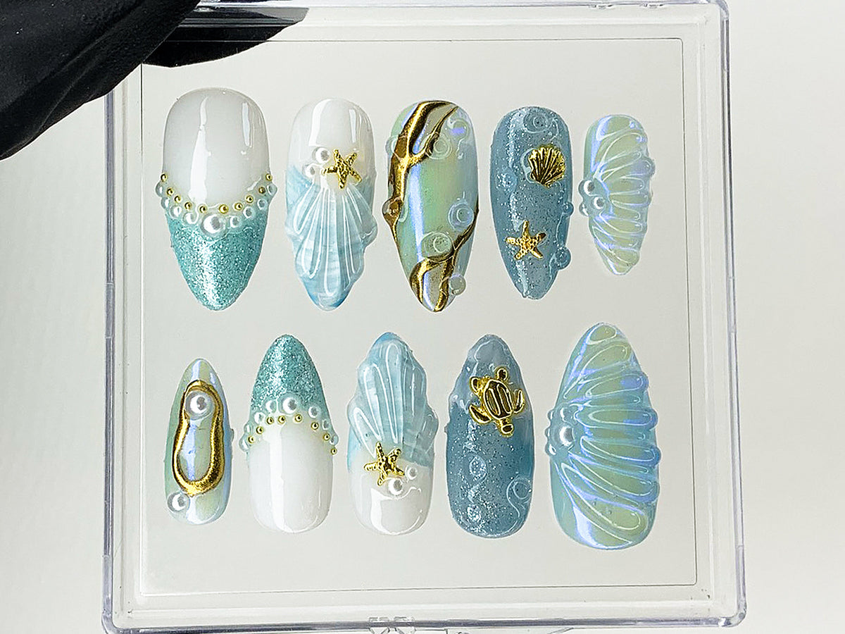Mermaid Ocean Press On Nails, Blue Ocean-Inspired Designs with Glittery Oceanic, 3D