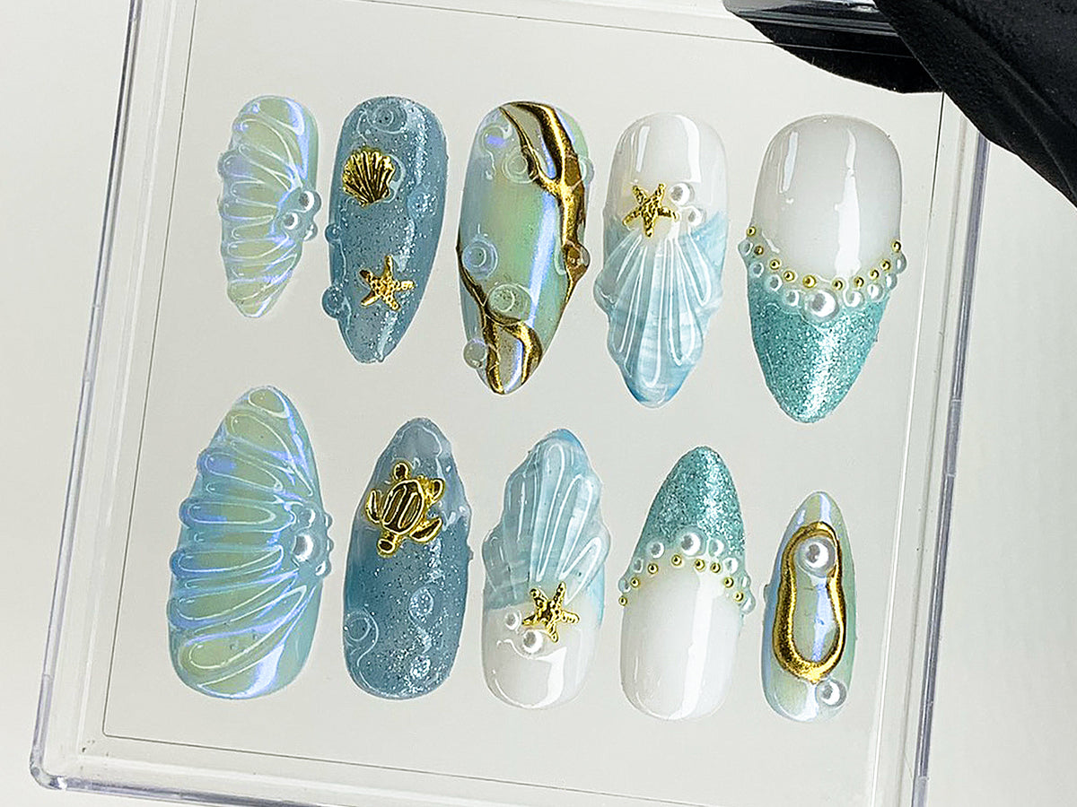 Mermaid Ocean Press On Nails, Blue Ocean-Inspired Designs with Glittery Oceanic, 3D