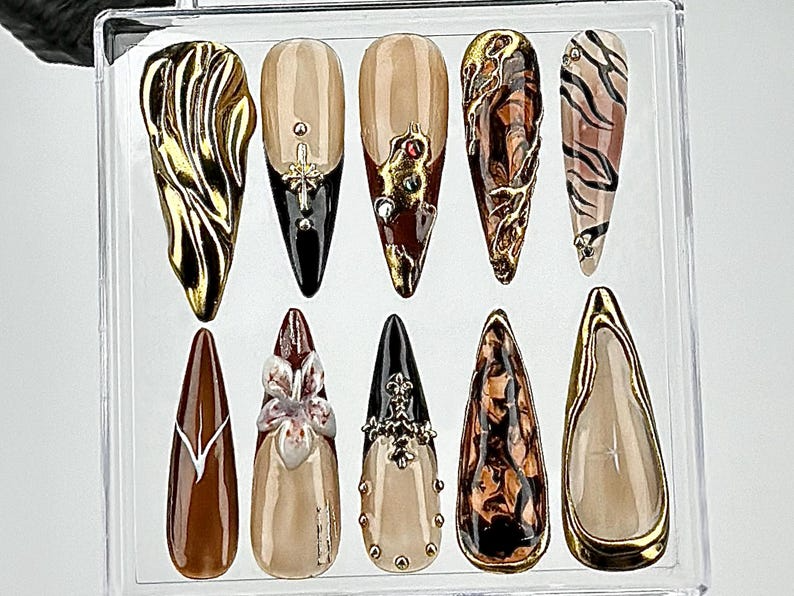 Black & Gold Marble Press On Nails Leopard Print, Brown Fake Nails Nature-Inspired Designs Nail Art Edgy Gothic Nails OB694YK