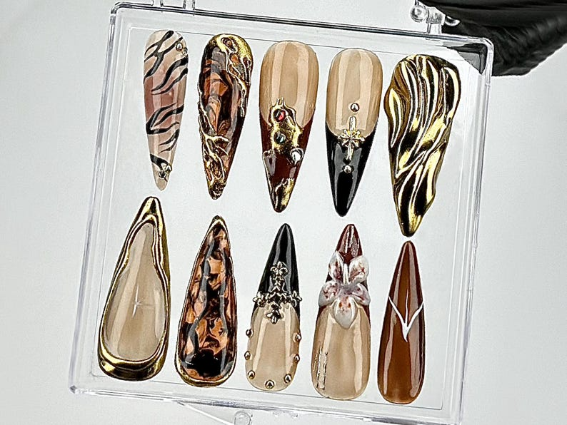 Black & Gold Marble Press On Nails Leopard Print, Brown Fake Nails Nature-Inspired Designs Nail Art Edgy Gothic Nails OB694YK