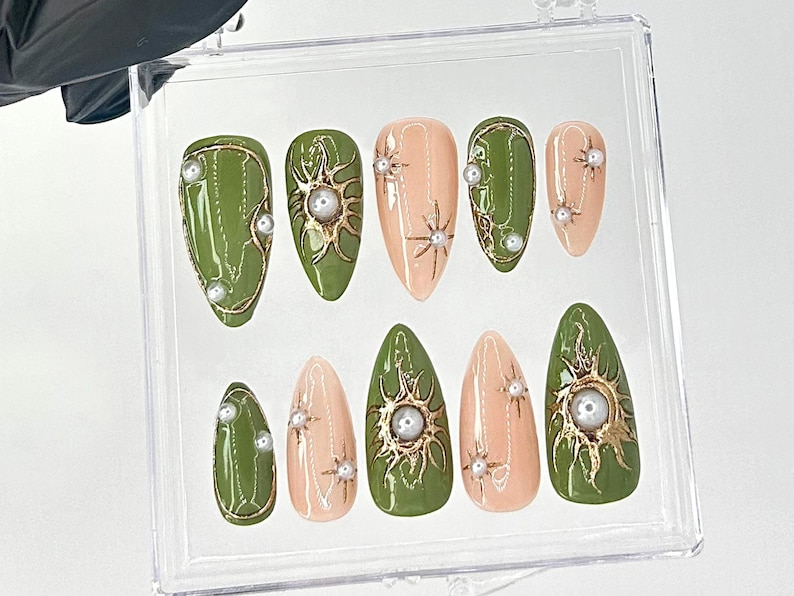 Elegant Green and Gold Press On Nails Gold Sunburst and Pearl Accented Fake Nails Custom Green Pearl Nail Art Luxury Nails OC740YC