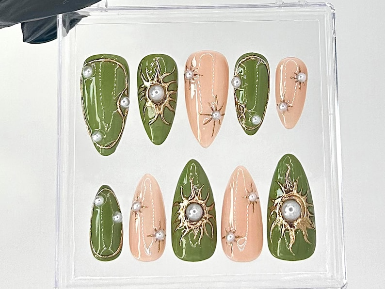 Elegant Green and Gold Press On Nails Gold Sunburst and Pearl Accented Fake Nails Custom Green Pearl Nail Art Luxury Nails OC740YC