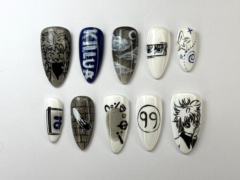 Killua Zoldyck Anime Press On Nails Hunter x Hunter Nail Art Unique Killua-Inspired Nail Art Manga Black & White Nail Set