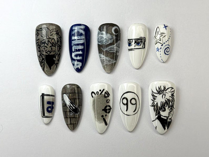 Killua Zoldyck Anime Press On Nails Hunter x Hunter Nail Art Unique Killua-Inspired Nail Art Manga Black & White Nail Set
