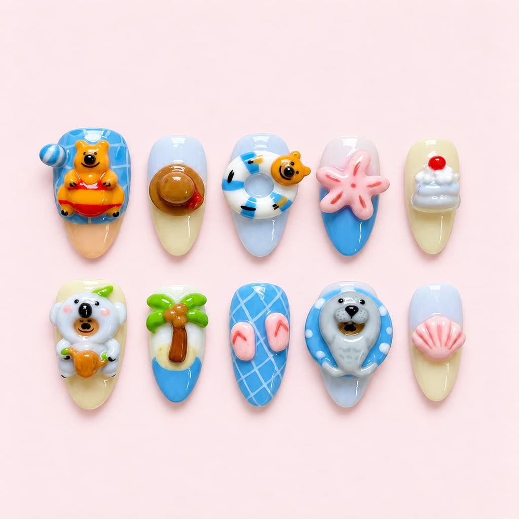 3D Summer Beach Animal Almond Press-On Nails