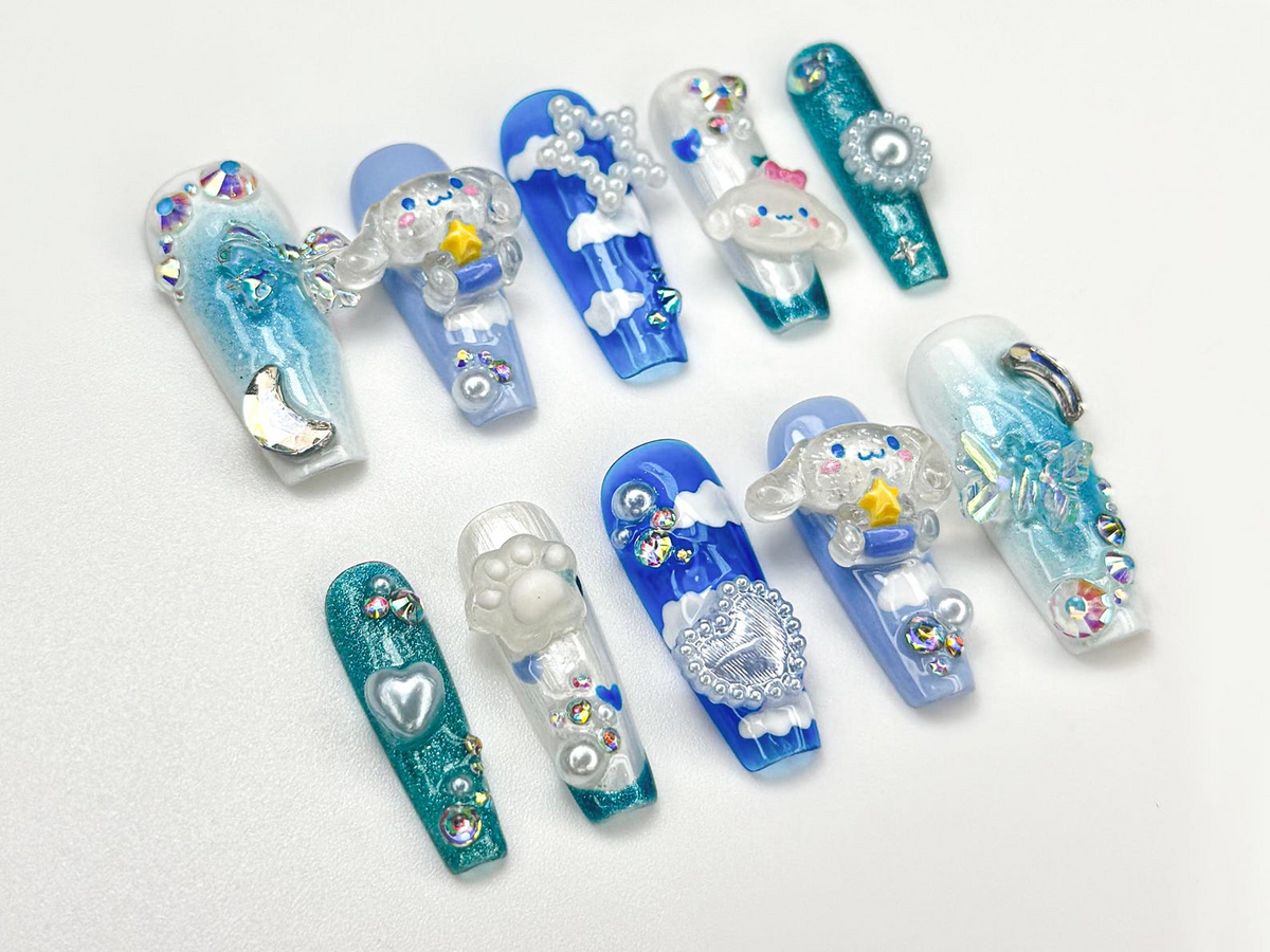 Kawaii Puppy Cloud Press On Nails Blue Sky Nail Art 3D Cloud & Star Resin Nails Dreamy Pup-Inspired Press Ons Cute Nails