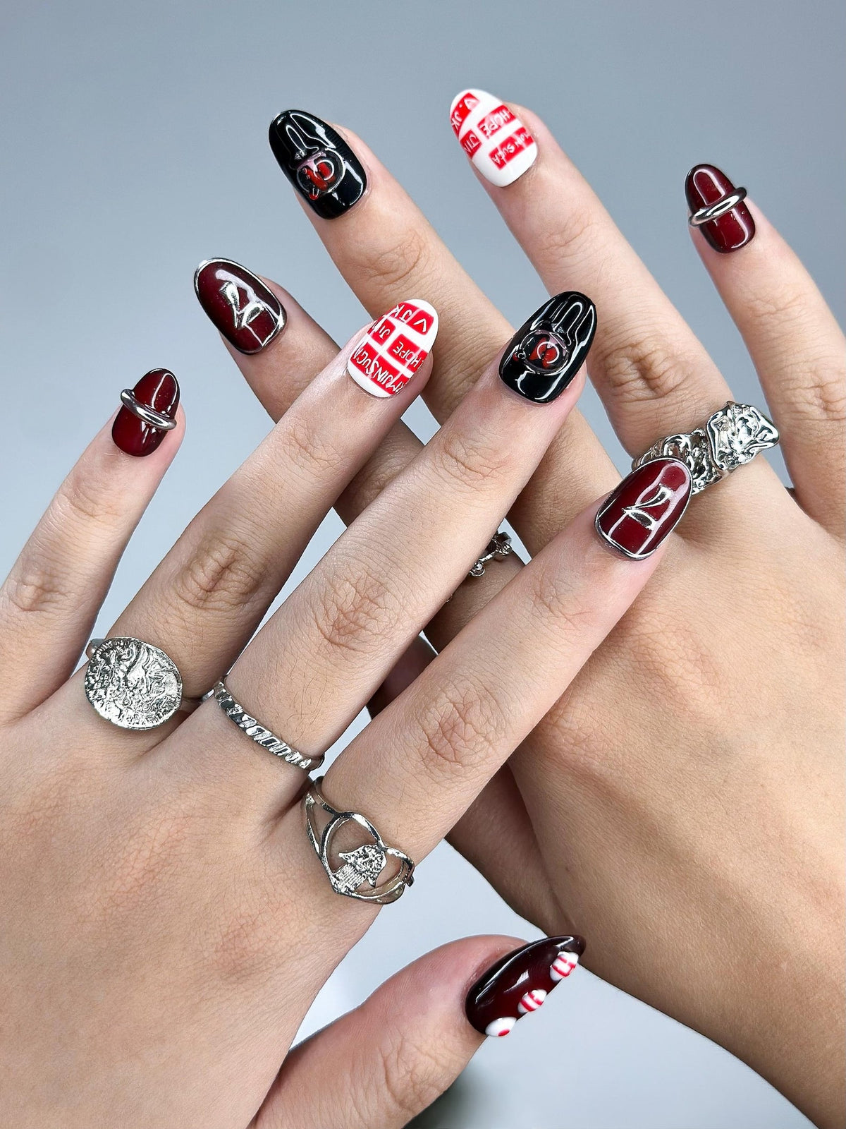 Kpop Inspired Arirang Spirit Nails, 7 Spirit Cupid Voyage Press Ons, Red White Silver 3D