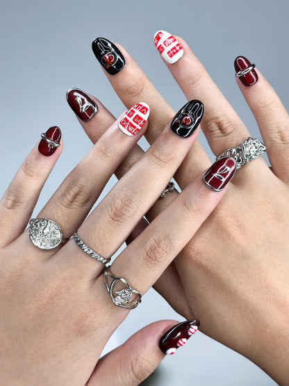 Kpop Inspired Arirang Spirit Nails, 7 Spirit Cupid Voyage Press Ons, Red White Silver 3D