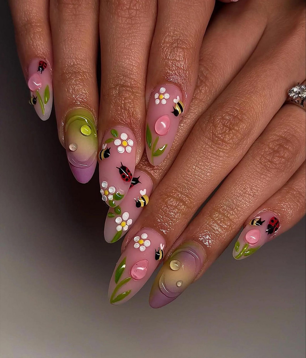 Bee & Ladybug Garden Press On Nails Spring Floral Tulip Nail Art Pastel Ombre Flower Nail Design Cute Garden Insect Nails OC826HC