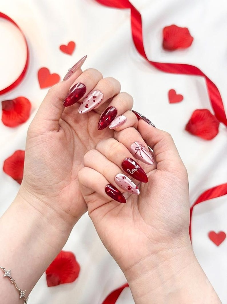 Valentine’s Day Heart Press On Nails Red & Pink Romantic Nail Set Handmade Gift for Girlfriend Elegant Stiletto Fake Nails