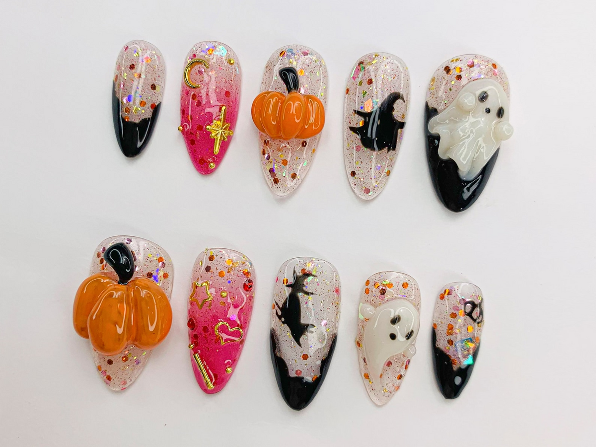 Spooky Halloween Ghost - Pumpkin Press-On Nails 3D Nail Art for Halloween Party Glitter Press-On Nails with Witch - Star Accents