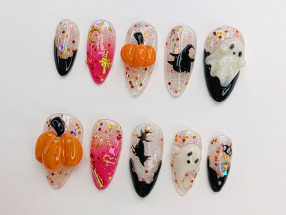 Spooky Halloween Ghost - Pumpkin Press-On Nails 3D Nail Art for Halloween Party Glitter Press-On Nails with Witch - Star Accents