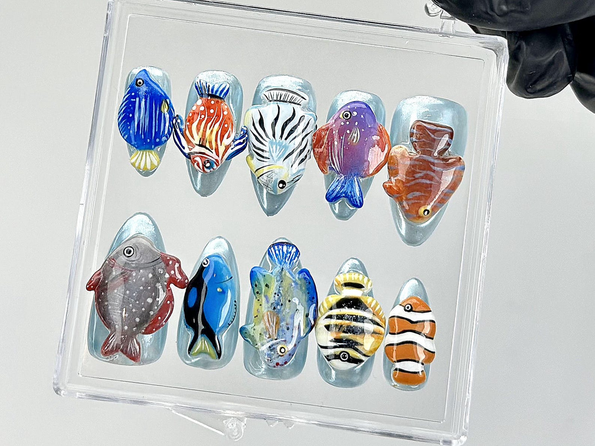 Tropical Aquarium Press On Nails 3D Fish Aquarium Fake Nails Ocean Fish Nail Art Marine Life Press Ons Kawaii NailsUniqueOA875YK