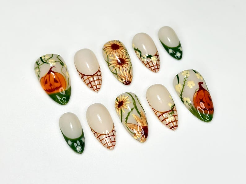 Autumn Pumkin Press On Nails, Pumpkin Sunflower Nail Art, Fall Rustic Farm Nails, Handmade