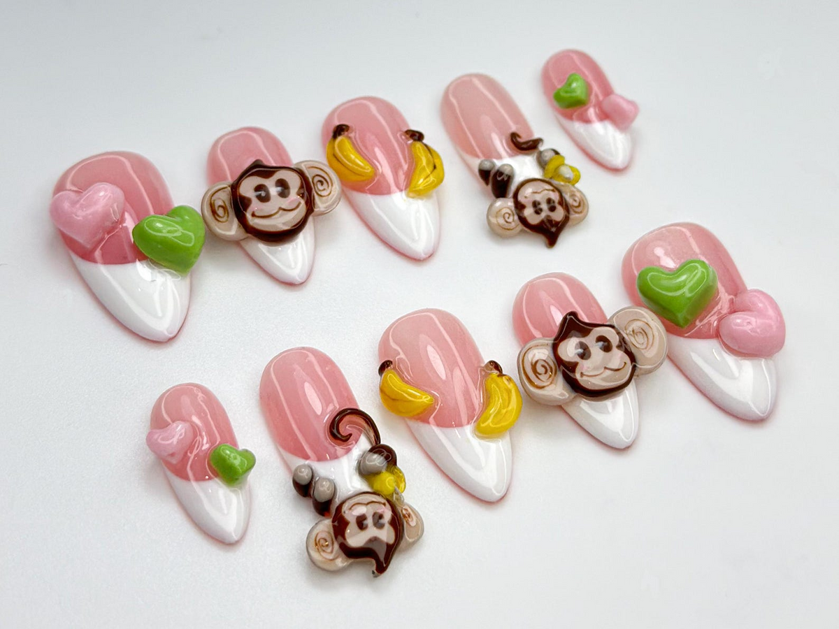 Cute Monkey Pink Cute Press On Nails Cute 3D Banana Monkey Nails Pink & Green Heart Nails Kawaii Jungle Vibe Cartoon Nails OB811HC