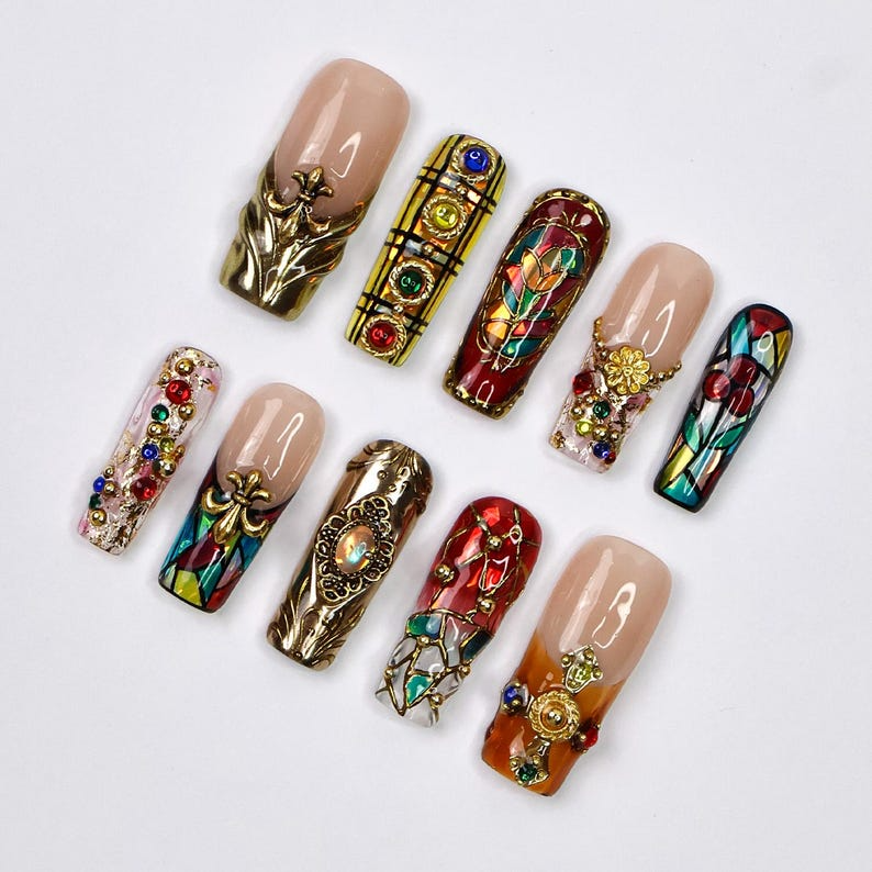 Handmade Baroque 3D Press-On Nails, Stained Glass Vitreaux Design, Long Square Gothic Fake