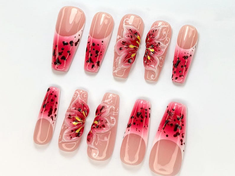 Hot Pink Bloom Press-On Nails Spring Flower Press Ons 3D Flowers Fake Nails| Perfect for Special Occasions Summer CollectionOB768YC
