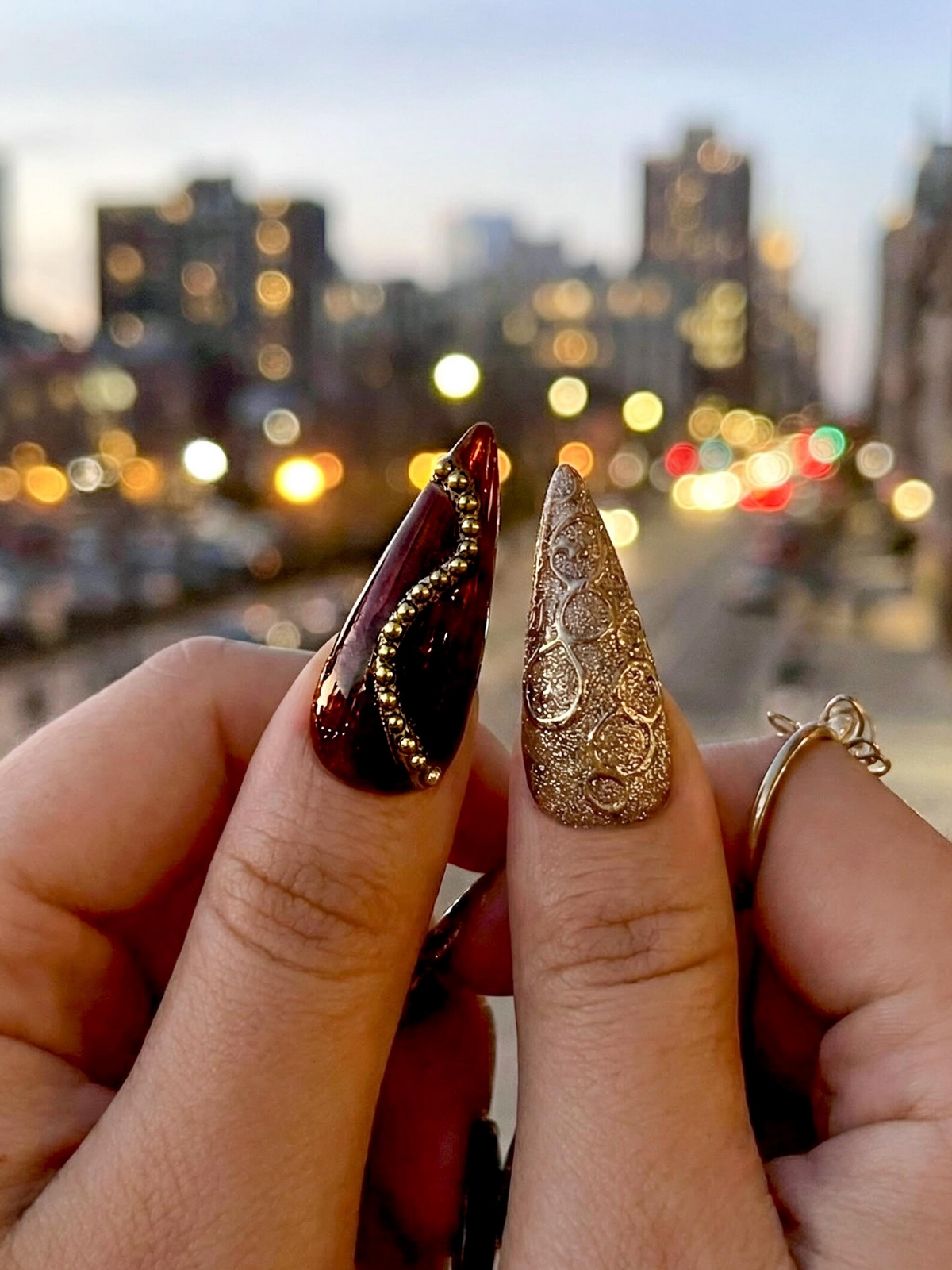 Luxury Gold Floral Press On Nails Spring Floral Crystal Nail Art Gold Sculpted Couture Nails Long Stiletto Nails