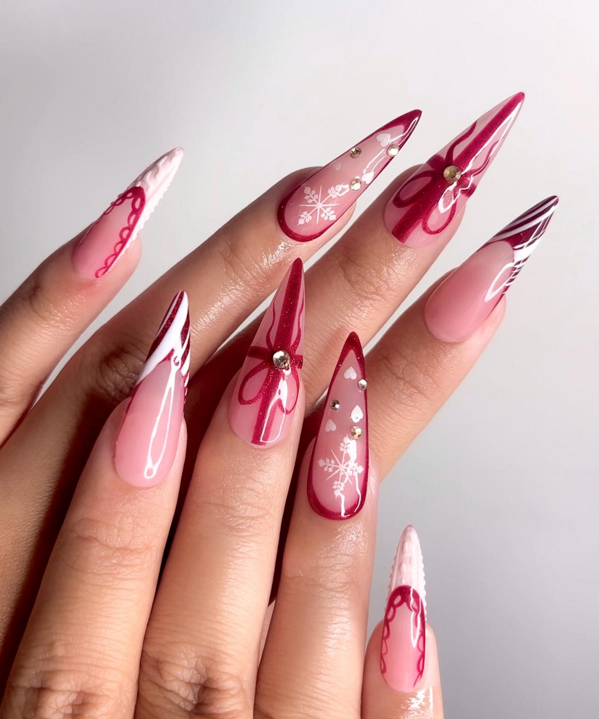 Elegant Burgundy Christmas Press On Nails Glossy Christmas Nail Art| Winter Holiday Nail Art Glossy Stiletto Press Ons