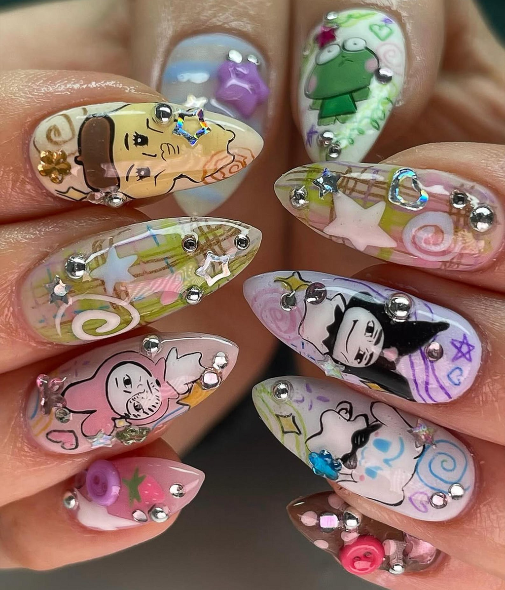 Whimsical Cartoon Pop Press On Nails Playful Character Nails Colorful 3D Kawaii Nail Design Playful Mixed Media Nails OB779HC