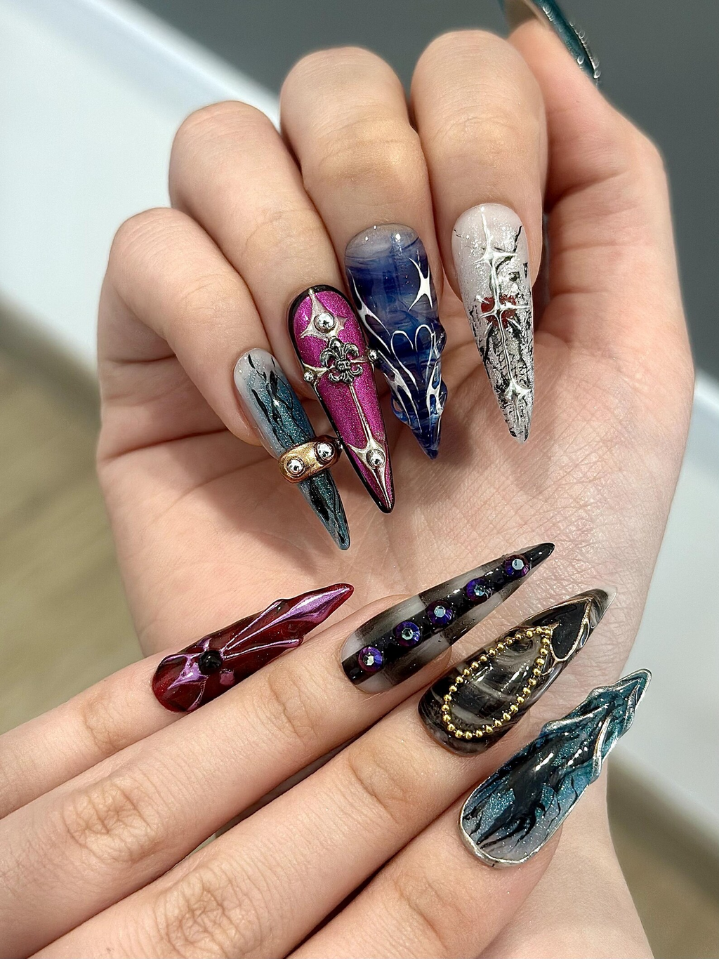 Artistic Gothic Press On Nails Dark Marble Abstract Nails Handmade Stiletto Nail Art