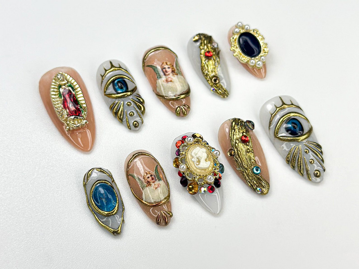 Vintage Religious Press On Nails Angel Eye Nail Art Baroque Religious Style Nail Vintage Gemstone Nail Statement Luxe Nail