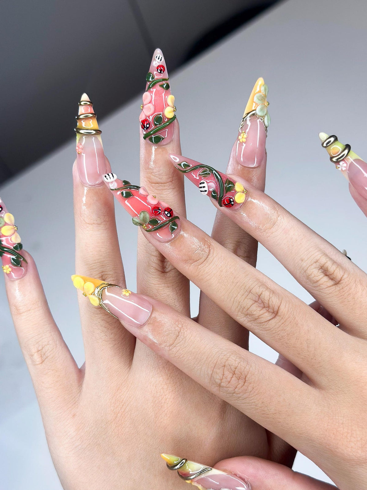 3D Ladybug Floral Press On Nails, Metallic Vines Enchanted Garden Set