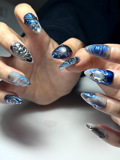 Galaxy Gothic Press On Nails Dark Blue Chrome Cat Eye Nails Celestial Star Night Nail