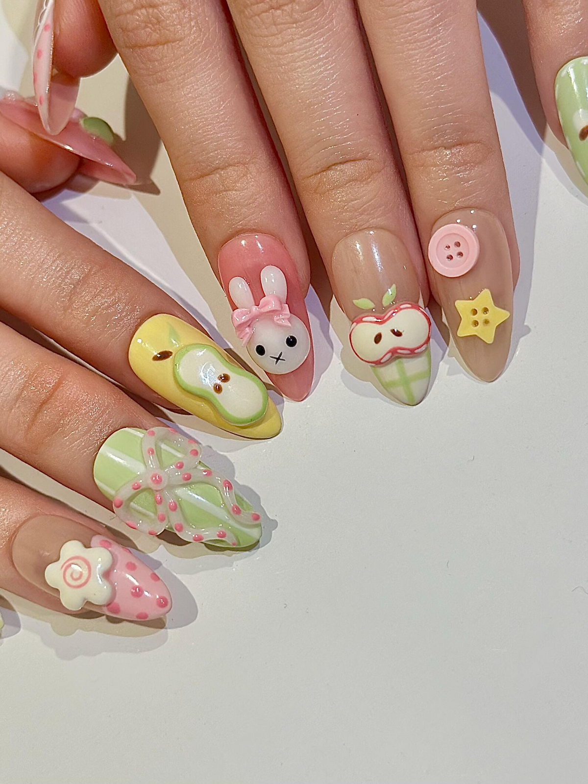 Kawaii Bunny Easter Press On Nails, Pastel Green and Pink Plaid Nails, Colorful Pastel