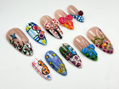 Pop Art Press On Nails Funky Cartoon Mixed Pattern Nails 3D Cute Bug & Ribbon Nail Art Playful Art Press Ons Cute Cartoon