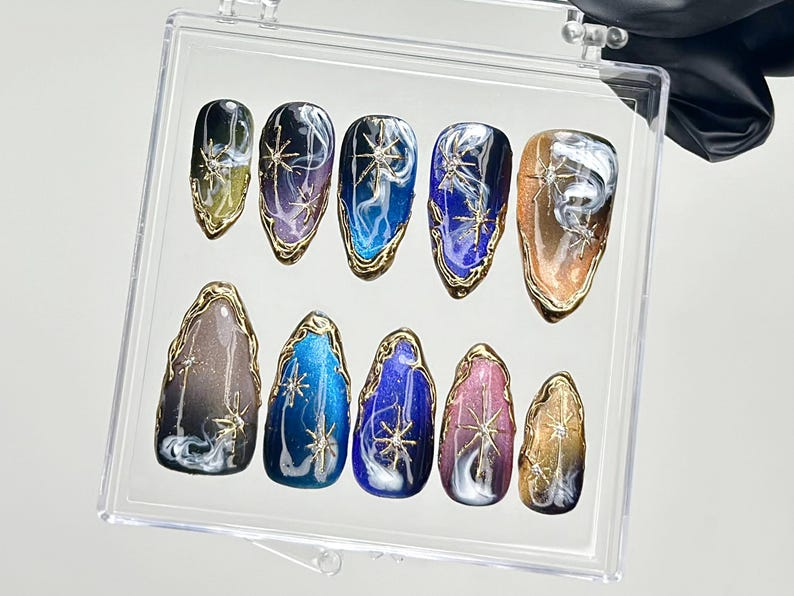 Galaxy Star Press On Nails Cosmic Nail Set with Gold Stars Fake Nails Starry Night Nail Art Galaxy Blue Nails Luxury Nails OB916YC