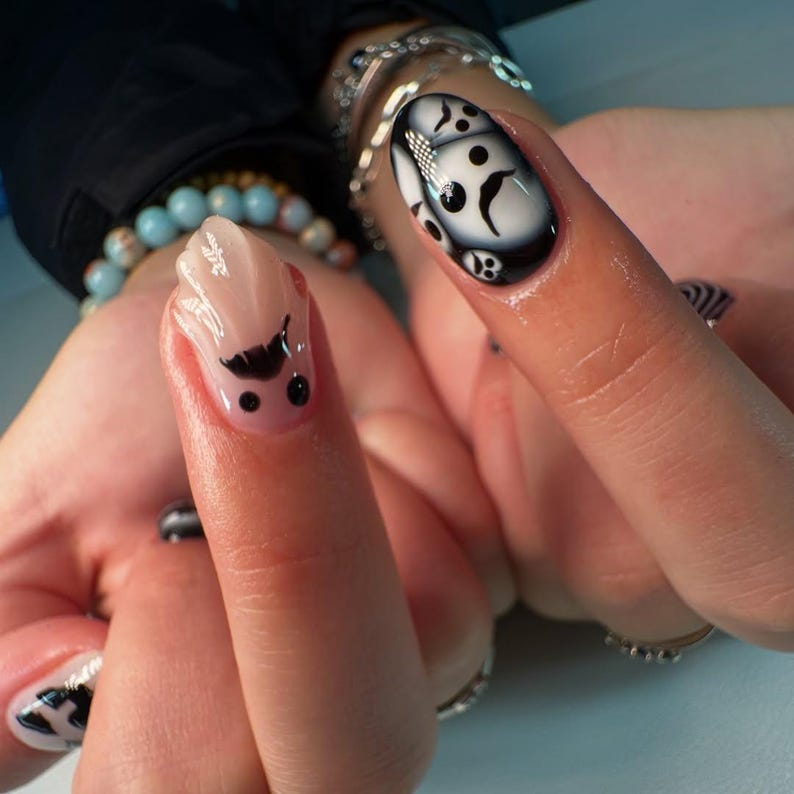 Press on nails for halloween| Black White Gothic Halloween Nails 3D Ghost & Spider Design Spooky Night Nail Art