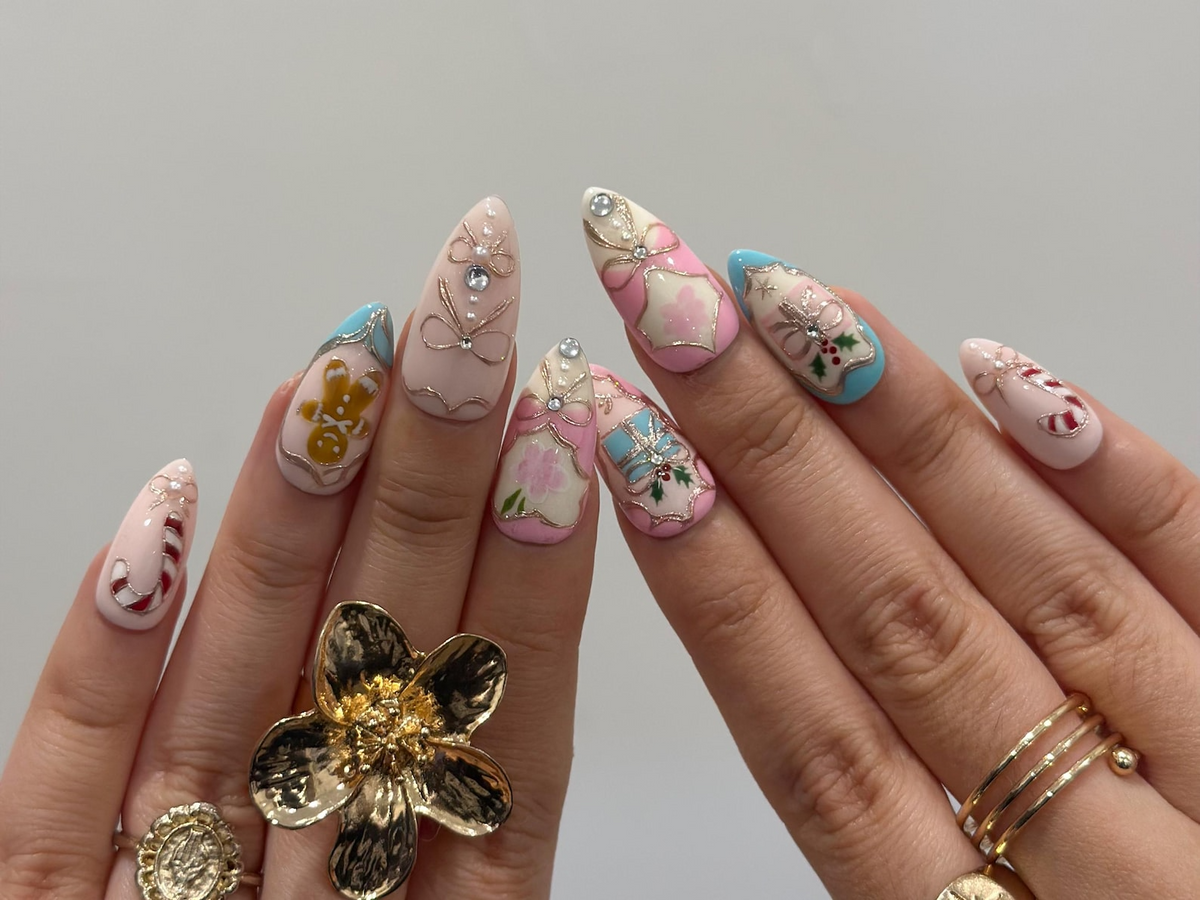 Pink Pastel Christmas Press On Nails Pastel Gingerbread & Candy Cane Nails Pink Christmas Press Ons Cute Festive Design
