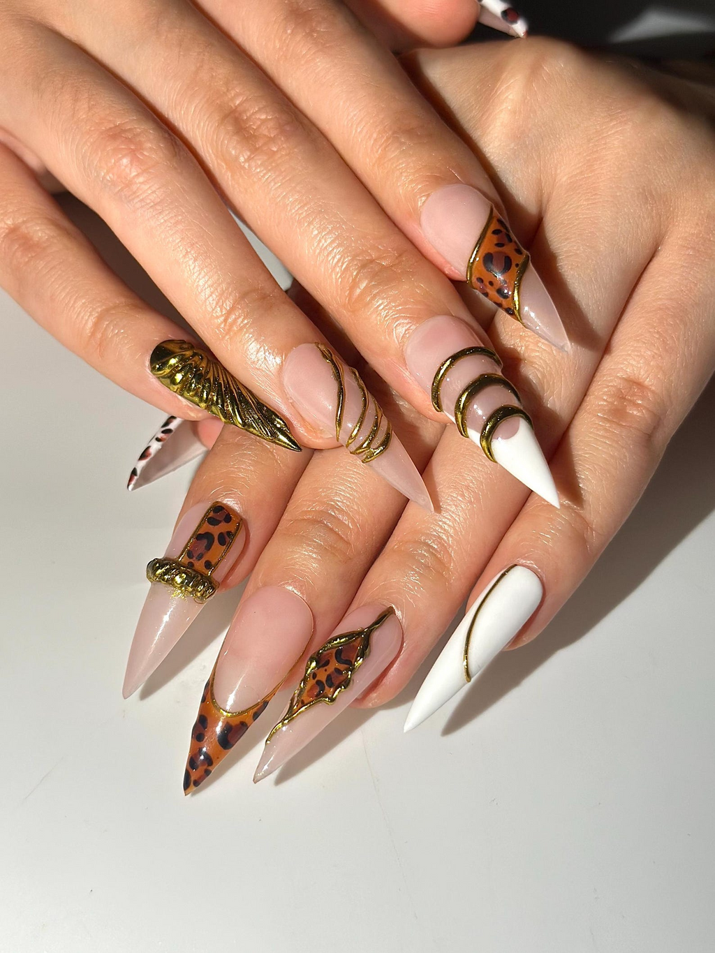 Gold Leopard Luxury Press On Nails 3D Metallic Chrome Nails Animal Print Stiletto Glam