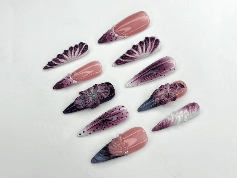 Elegant Purple Bloom Press On Nails 3D Floral Ombre Nail Art Nude Pink Handmade Nails Luxury Artistic Long Set