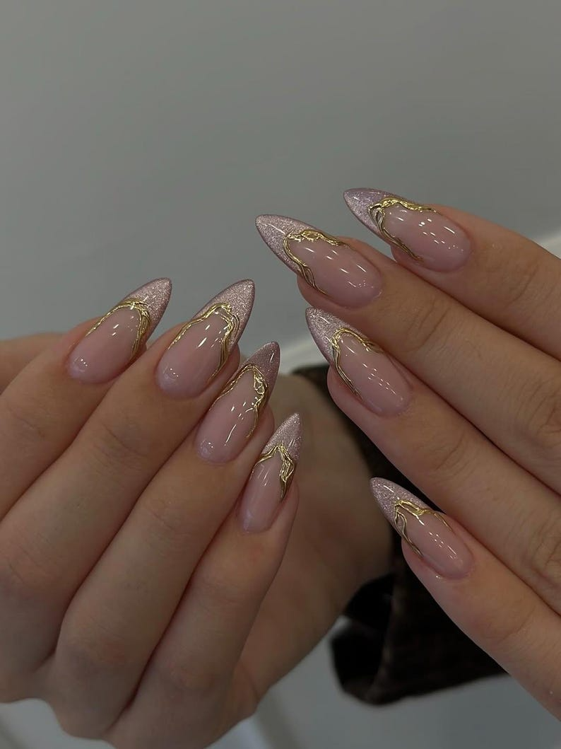 Rose Gold French Press On Nails Nude Pink Luxury Nails Gold Chain French Tips Elegant Minimal Nail Art Chic Press Ons