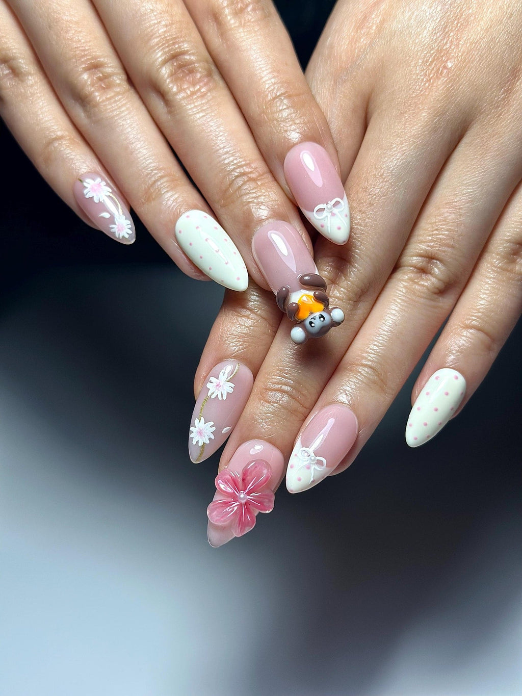 Soft Pink Mokey Press On Nails Cute Bow & Daisy Nail Art Kawaii Nails Elegant Spring