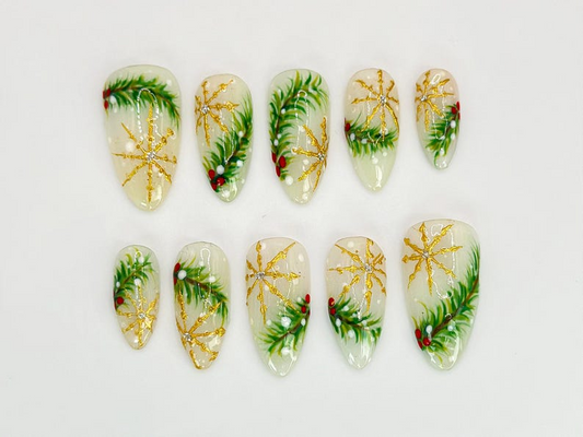 Luxury Christmas Press On Nails, Gold Snowflakes And Pine Accents Fake Nails, Festive