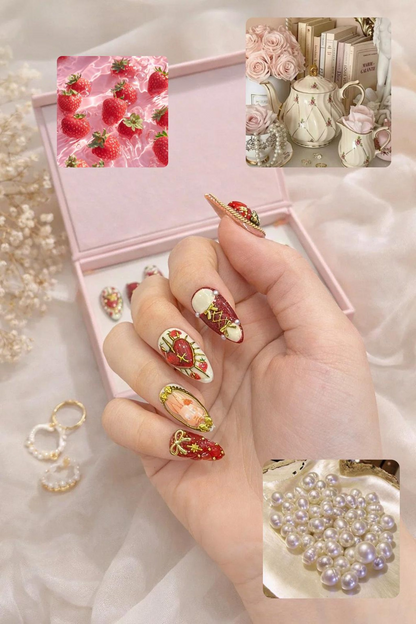 Gothic Strawberry Press On Nails Red Heart Cross Nail Art Luxury Handmade Press Ons Statement Nails