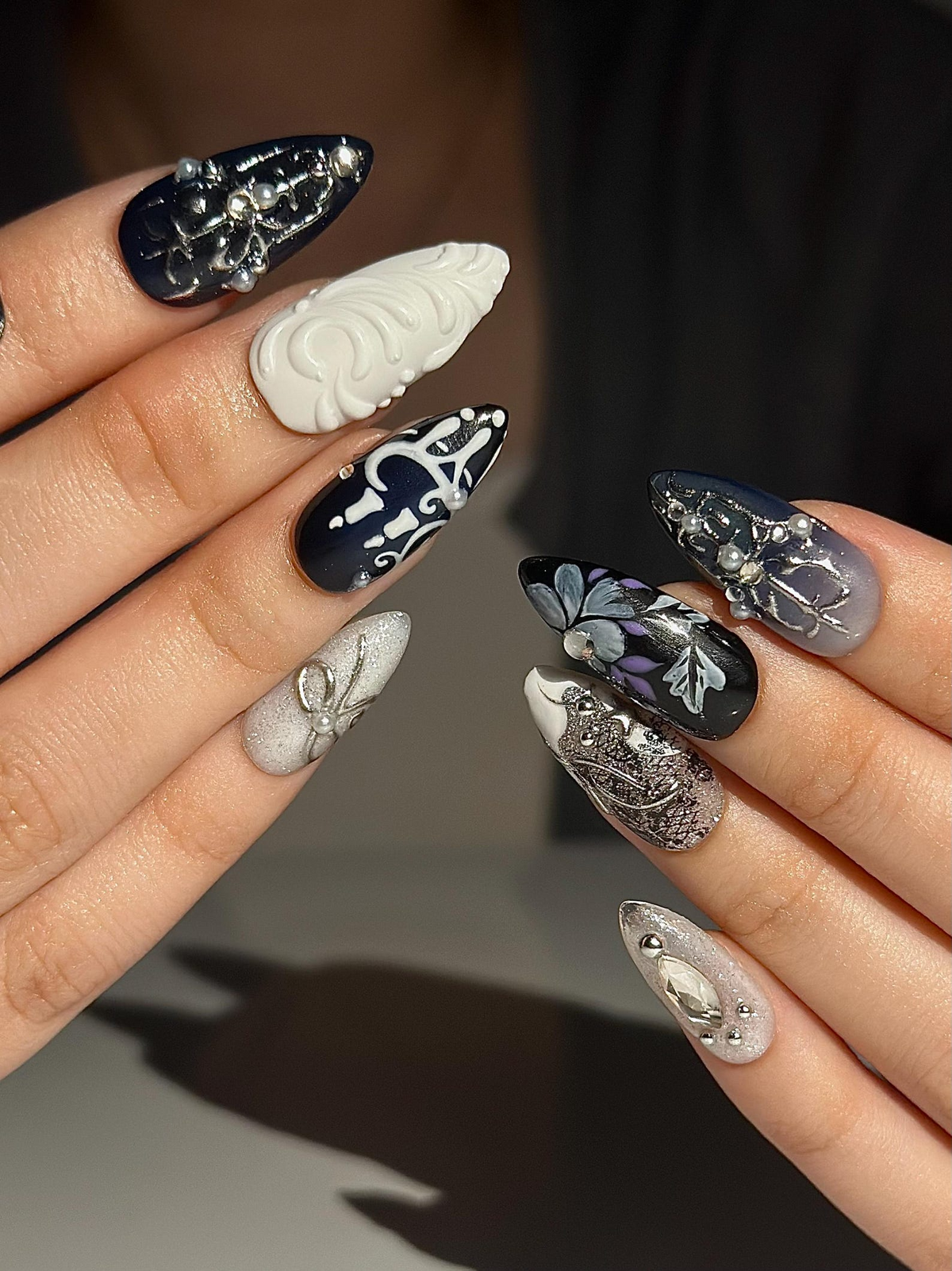 Gothic Violet Chrome Press On Nails Black Silver Luxury Nails 3D Baroque Floral Nails Dark