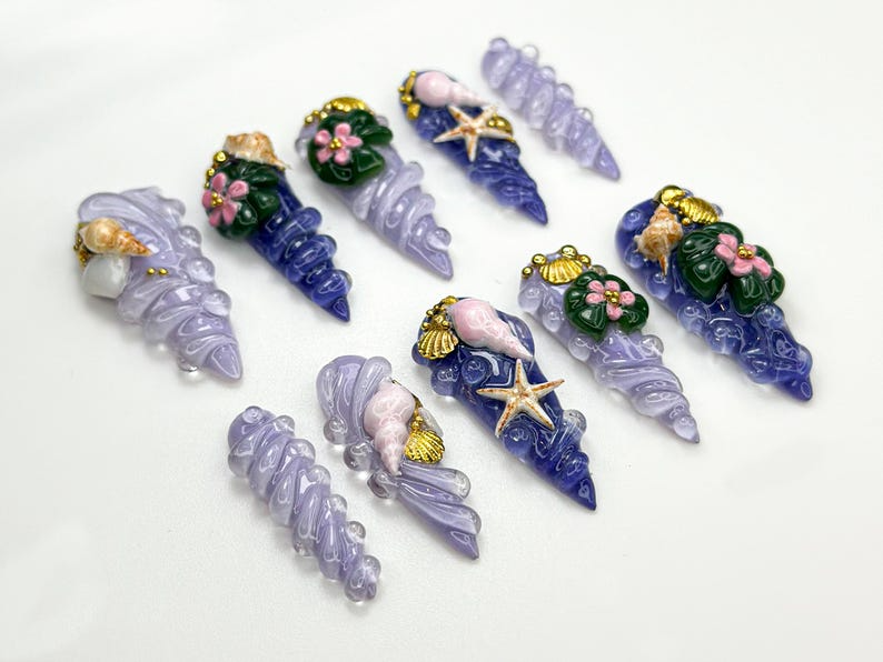 Mermaid Shell Spiral Press On Nails Ocean-Inspired 3D Nail Art Seashell Starfish Lilac Nails Fairycore Beach Nail Set OB861H