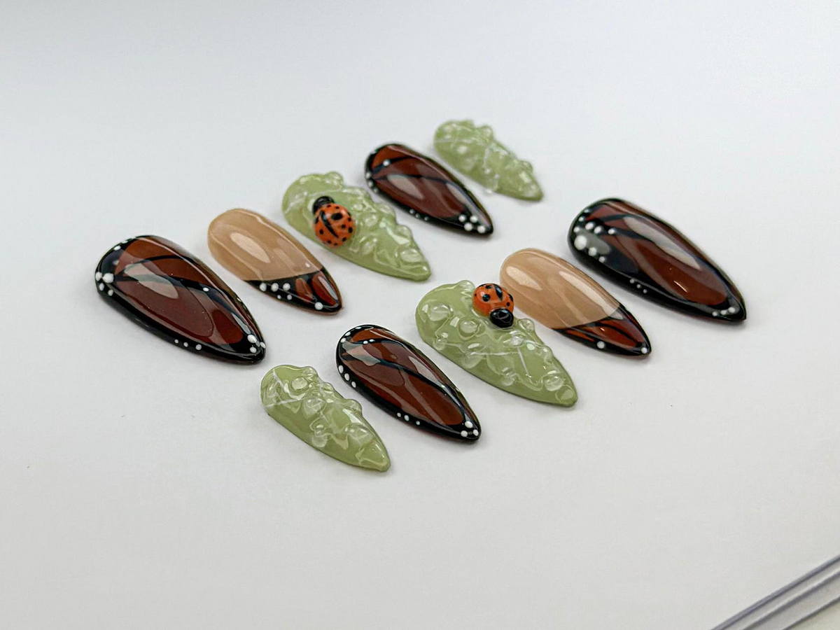 Monarch in Bloom Press On Nails Butterfly & Bug Inspired Press Ons Green And Brown Nail Art Spring Nature Press On Nails OB741H